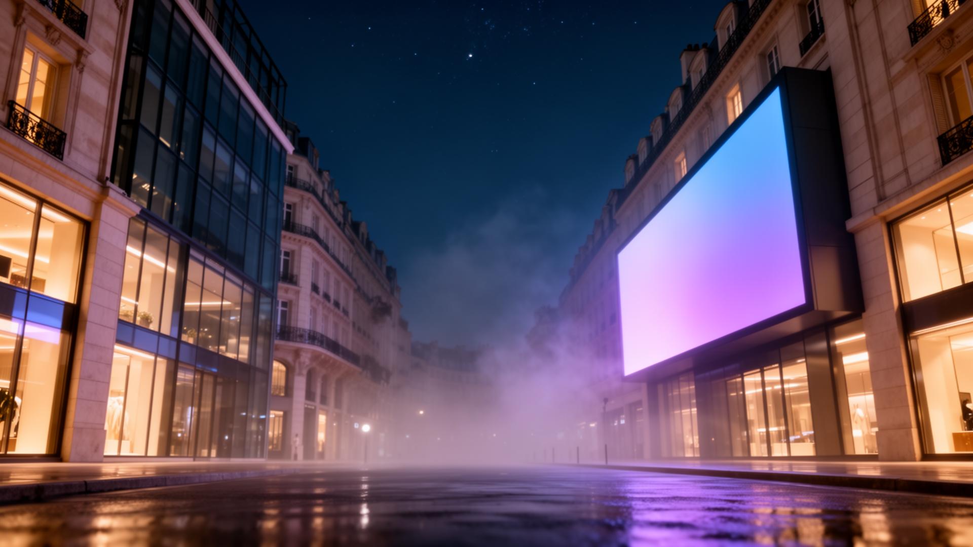 Premium European city at blue hour with a tasteful digital media installation